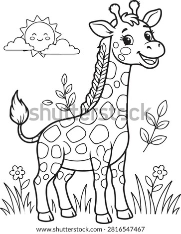 Cute Giraffe in Nature Coloring Page Line Art Vector