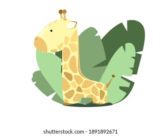 Cute giraffe on a background of green leaves. Children's illustration