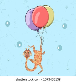 cute giraffe on a balloon.cartoon hand drawn vector illustration. Can be used for baby t-shirt printing, fashion print design.