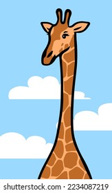 Cute giraffe on a blue sky background. Head animal. African herbivore mammal. Zoo and safari. Cartoon vector baby illustration. Hand drawn outline