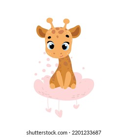 Cute giraffe on cloud. Vector print for children room, fabric, paper, greeting card, postcard, card, t shirt, poster, textile. Vector illustration