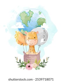 girafa bonito na terra balão ilustração cartoon