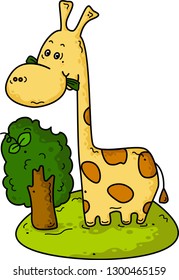 Cute giraffe on the grass with tree. Beautiful funny cartoon animals. Element of design for childrens illustration.