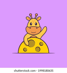 Cute giraffe is on the moon. Animal cartoon concept isolated. Can used for t-shirt, greeting card, invitation card or mascot.