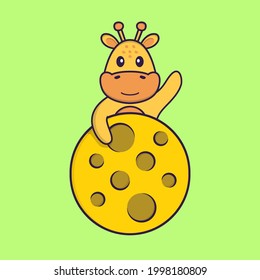 Cute giraffe is on the moon. Animal cartoon concept isolated. Can used for t-shirt, greeting card, invitation card or mascot.