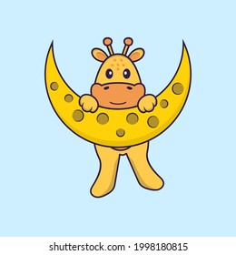 Cute giraffe is on the moon. Animal cartoon concept isolated. Can used for t-shirt, greeting card, invitation card or mascot.
