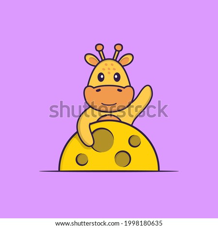 Cute giraffe is on the moon. Animal cartoon concept isolated. Can used for t-shirt, greeting card, invitation card or mascot.