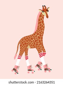 Cute giraffe on roller skates. African animal with spots. Hand drawn vector illustration. Retro style background for card, t-shirt, banners and other. 