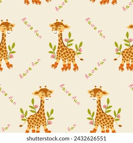 Cute giraffe on rollers seamless pattern. African animal in flowers with lettering Have fun. Best for baby clothes, posters, fabric, wrapping paper, bed linen. Vector illustration in cartoon style