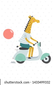 Cute giraffe on a scooter with a balloon. Vector illustration in a scandinavian style.