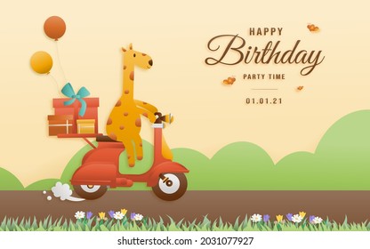 Cute giraffe on a scooter with gift box and balloon. jungle animals celebrate  birthdays and template invitation paper cut and papercraft style vector illustration. Theme happy birthday.