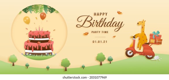 Cute giraffe on a scooter with gift box and balloon. jungle animals celebrate  birthdays and template invitation paper cut and papercraft style vector illustration. Theme happy birthday.