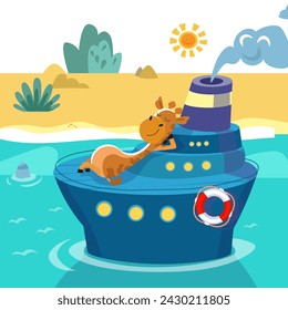 Süße Giraffe auf dem Schiff. Sommer und Urlaub, Reisen. Cartoon-Szene für Design. Vektorgrafik.