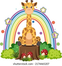 Cute giraffe on stump in flat cartoon style illustration