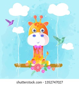 cute giraffe on the swing. Can be used for kids/babies shirt design, fashion print design,t-shirt, kids wear,textile design,celebration card/ greeting card, invitation card - Vector