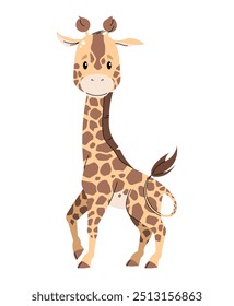 Cute giraffe on white background. Cartoon african animal in flat style. Safari collection. Vector children's illustration for clothes, fabric, greeting cards, stickers, etc.