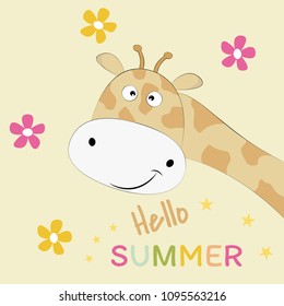 Cute giraffe on a yellow background with flowers and the inscription Hello summer. Sweet kids graphics