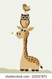Cute giraffe with owl and bird on green background with dots