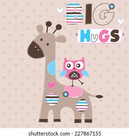 cute giraffe with owl vector illustration