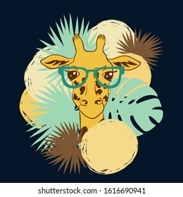 Cute giraffe with palm leaves. Vector illustration for print, fashion, t-shirt
