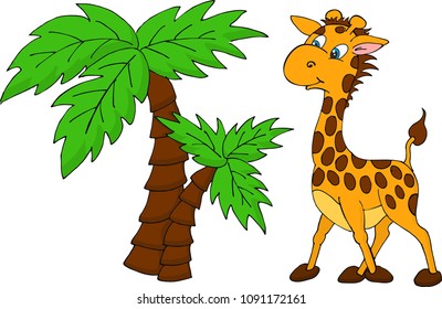 Cute Giraffe and palm tree. Vector illustration