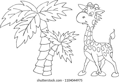 Cute Giraffe and palm tree. Vector illustration isolated on a white background