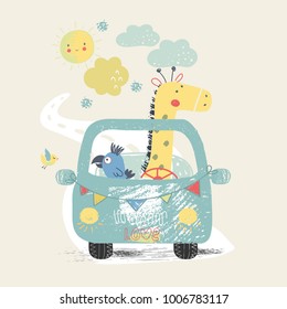 Cute giraffe and parrot in the car.Can be used for baby t-shirt print, fashion print design, kids wear, baby shower celebration greeting and invitation card.