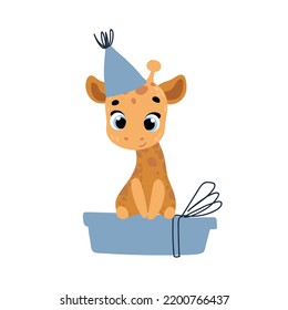Cute giraffe in a party cap with gift. Vector print for children room, fabric, paper, greeting card, postcard, card, t shirt, poster, textile. Vector illustration. Happy birthday card. 