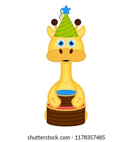 Cute giraffe with a party hat and a cake
