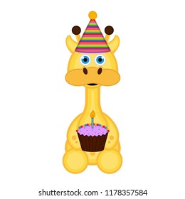 Cute giraffe with a party hat and a cake