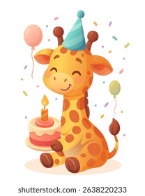 a cute giraffe in a party hat holding a cake