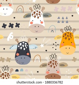 Cute giraffe Pattern print for kids. Funny cute scandinavian giraffe cartoon style. Printable templates. vector print. Perfect for kids apparel, poster, baby shower card. Vector illustration