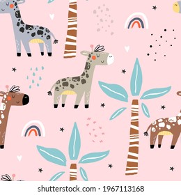 Cute giraffe Pattern print for kids. Funny cute scandinavian giraffe cartoon style. vector print. Perfect for kids apparel, poster, baby shower card. Vector illustration. Printable templates.