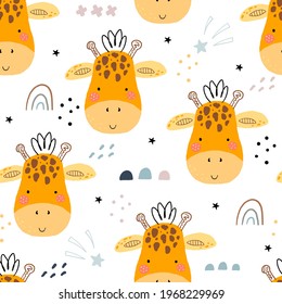 Cute giraffe Pattern print for kids. Funny cute scandinavian giraffe cartoon style. vector print. Perfect for kids apparel, poster, baby shower card. Printable templates. Vector illustration