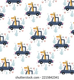 cute giraffe pattern riding on a car with happy spring theme. watercolor illustration