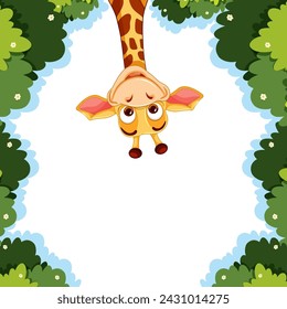 Cute giraffe peeking through lush green foliage.