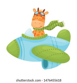 Cute giraffe pilot. Vector illustration on white background.