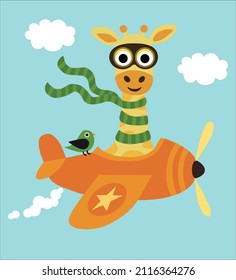 süße Giraffe, die am Himmel mit Wolken um sie herum pilotiert wird 
