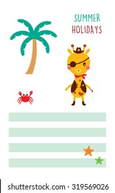 cute giraffe pirate summer holidays tag vector