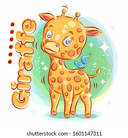 Cute Giraffe Play with Blue Bird.Colorful Cartoon Illustration. Vector eps.10