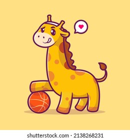 Cute Giraffe Playing Basket Ball Cartoon Vector Icon Illustration. Animal Sport Icon Concept Isolated Premium Vector. Flat Cartoon Style