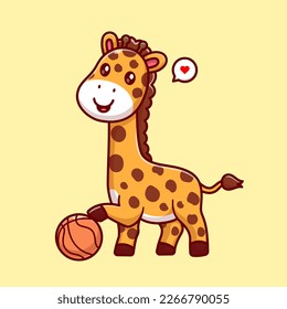 Cute Giraffe Playing Basket Ball Cartoon Vector Icon Illustration. Animal Sport Icon Concept Isolated Premium Vector. Flat Cartoon Style