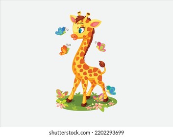 Cute giraffe playing with butterflies