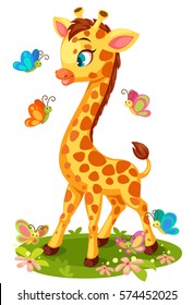 Cute giraffe playing with butterflies