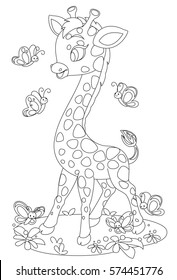 Cute giraffe playing with butterflies drawing to color