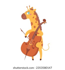 Cute giraffe playing cello vector illustration. Cartoon isolated funny happy baby animal cellist holding bow and violoncello to play classical music in orchestra or musical melody in jazz band