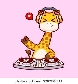 Cute Giraffe Playing Dj Electronic Music With Headphone Cartoon Vector Icon Illustration. Animal Music Icon Concept Isolated Premium Vector. Flat Cartoon Style