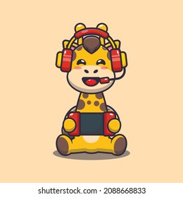 Cute giraffe playing a game. Cute cartoon animal vector illustration. Vector isolated, flat illustration for poster, brochure, web, mascot, sticker, logo and icon.