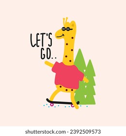 Cute giraffe playing skateboad, hand drawn illustration for for fabric, textile and print
