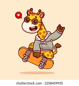 Cute Giraffe Playing Skateboard Cartoon Vector Icon Illustration. Animal Sport Icon Concept Isolated Premium Vector. Flat Cartoon Style